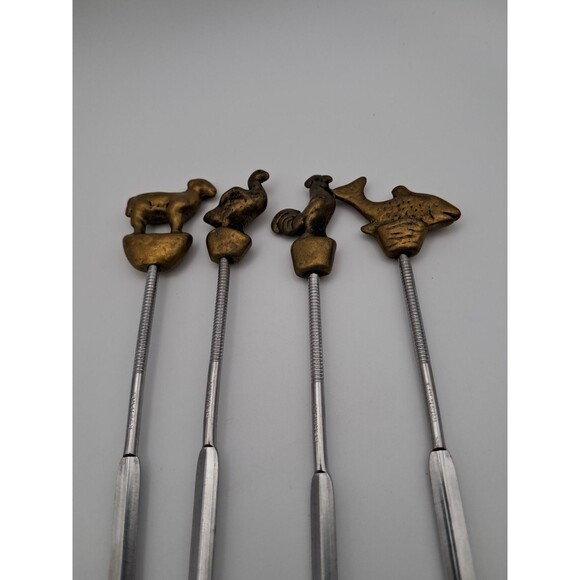 Vintage Brass Shish Kabob Skewers Sheep Goose Rooster Fish Made In Germany - Picture 1 of 5